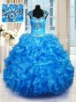 Captivating Organza Straps Cap Sleeves Lace Up Beading and Ruffles Quinceanera Gown in Baby Blue