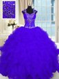 Cap Sleeves Organza Floor Length Lace Up Quince Ball Gowns in Purple for with Beading and Ruffles