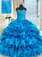 New Arrival Floor Length Three Pieces Sleeveless Baby Blue Quinceanera Gown Lace Up