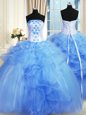 Blue Tulle Lace Up 15th Birthday Dress Sleeveless Floor Length Pick Ups and Hand Made Flower