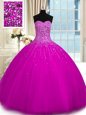 Affordable Fuchsia Sweetheart Lace Up Beading Quince Ball Gowns Sleeveless