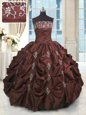 Custom Made Burgundy Lace Up Quinceanera Gowns Beading and Appliques and Embroidery and Pick Ups Sleeveless Floor Length