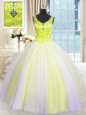 High Quality Multi-color Ball Gowns Tulle V-neck Sleeveless Beading and Sequins Floor Length Lace Up 15 Quinceanera Dress