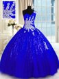 One Shoulder Royal Blue Ball Gowns Appliques 15 Quinceanera Dress Lace Up Tulle and Sequined Sleeveless Floor Length