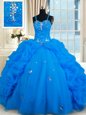Pick Ups Blue Sleeveless Organza Lace Up Quince Ball Gowns for Military Ball and Sweet 16 and Quinceanera