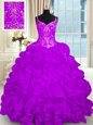 Custom Designed Organza Spaghetti Straps Sleeveless Brush Train Lace Up Beading and Embroidery and Ruffles Sweet 16 Quinceanera Dress in Purple