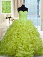 Olive Green Sleeveless With Train Beading and Pick Ups Lace Up Ball Gown Prom Dress