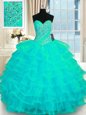 Attractive Floor Length Lace Up Quinceanera Gown Turquoise and In for Military Ball and Sweet 16 and Quinceanera with Beading and Ruffled Layers