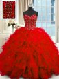 Sequins Red Sleeveless Organza Lace Up Quinceanera Dresses for Military Ball and Sweet 16 and Quinceanera