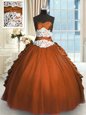 Glittering Rust Red Ball Gown Prom Dress Military Ball and Sweet 16 and Quinceanera and For with Beading and Lace and Ruching and Pick Ups Sweetheart Sleeveless Lace Up