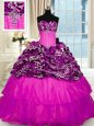 Sequins Ruffled Strapless Sleeveless Sweep Train Lace Up Quinceanera Gowns Fuchsia Organza and Printed