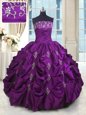 Trendy Strapless Sleeveless Sweet 16 Dresses Floor Length Beading and Appliques and Embroidery and Pick Ups Eggplant Purple Taffeta