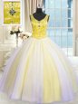 Latest V-neck Sleeveless Tulle Quinceanera Dresses Beading and Sequins Lace Up