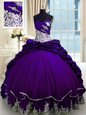 Purple Sleeveless Brush Train Beading and Appliques and Pick Ups 15th Birthday Dress