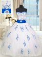 Decent White Lace Up Sweet 16 Dresses Appliques and Belt Sleeveless Floor Length