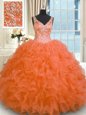 Orange Red Organza Zipper V-neck Sleeveless Floor Length Quince Ball Gowns Beading and Ruffles