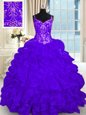 Fabulous Sleeveless Organza Brush Train Lace Up 15 Quinceanera Dress in Purple for with Beading and Embroidery and Ruffles and Pick Ups