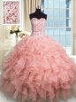 High Class Rose Pink Ball Gowns Organza Sweetheart Sleeveless Beading and Ruffles Floor Length Lace Up Ball Gown Prom Dress