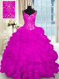 Lace Up Quinceanera Dress Fuchsia and In for Military Ball and Sweet 16 and Quinceanera with Beading and Embroidery and Ruffles Brush Train