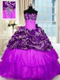 Low Price Printed Purple Sleeveless Beading and Ruffled Layers Lace Up 15 Quinceanera Dress