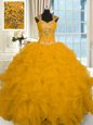 Floor Length Lace Up Quince Ball Gowns Gold and In for Military Ball and Sweet 16 and Quinceanera with Beading and Ruffles