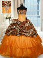 Printed Orange Strapless Lace Up Beading and Ruffled Layers Quinceanera Dress Sweep Train Sleeveless