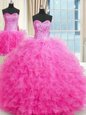 Three Piece Sleeveless Tulle Floor Length Lace Up Sweet 16 Dresses in Rose Pink for with Beading and Ruffles