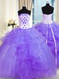 Customized Pick Ups Ball Gowns Sweet 16 Dress Lavender Strapless Tulle Sleeveless Floor Length Lace Up