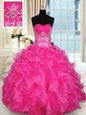Beauteous Hot Pink Sweetheart Neckline Beading and Appliques and Ruffles Ball Gown Prom Dress Sleeveless Lace Up