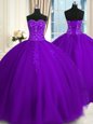 Sweetheart Sleeveless Quinceanera Gowns Floor Length Appliques Purple Tulle