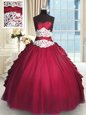 Long Sleeves Taffeta and Tulle Floor Length Zipper Sweet 16 Quinceanera Dress in Red for with Beading and Lace and Ruching and Pick Ups
