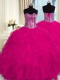 Sumptuous Fuchsia Sweetheart Lace Up Beading and Ruffles Quinceanera Dresses Sleeveless