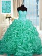 Luxury Turquoise Sleeveless With Train Beading and Pick Ups Lace Up 15 Quinceanera Dress
