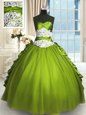 Adorable Olive Green Taffeta and Tulle Lace Up Quinceanera Gown Sleeveless Floor Length Beading and Lace and Appliques and Ruching