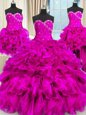 Dynamic Four Piece Fuchsia Three Pieces Beading and Ruffles and Ruching Quinceanera Dress Lace Up Organza Sleeveless Floor Length