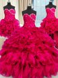Dynamic Four Piece Hot Pink Sleeveless Beading and Ruffles and Ruching Floor Length Ball Gown Prom Dress