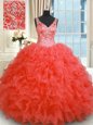 Customized Floor Length Coral Red Ball Gown Prom Dress Organza Sleeveless Beading and Ruffles