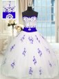 Floor Length Lace Up Sweet 16 Dress White and In for Military Ball and Sweet 16 and Quinceanera with Embroidery and Belt