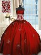 Enchanting Wine Red Taffeta Lace Up Strapless Sleeveless Floor Length Ball Gown Prom Dress Beading and Appliques and Ruching