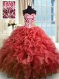 Exquisite Sweetheart Sleeveless Sweet 16 Dress Floor Length Beading and Ruffles Wine Red Organza