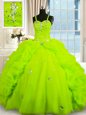 Elegant Floor Length Lace Up Sweet 16 Dress Yellow Green and In for Military Ball and Sweet 16 and Quinceanera with Beading and Pick Ups