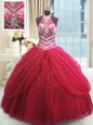 Red Lace Up Sweet 16 Quinceanera Dress Beading and Ruffles Sleeveless Floor Length
