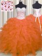Delicate Orange Red Ball Gowns Sweetheart Sleeveless Organza Floor Length Lace Up Beading and Ruffles Sweet 16 Quinceanera Dress