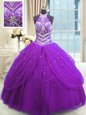 Modern Purple Tulle Lace Up Sweet 16 Dresses Sleeveless Floor Length Beading