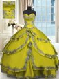 Sweetheart Sleeveless Sweet 16 Quinceanera Dress Floor Length Beading and Appliques and Ruffled Layers Olive Green Taffeta