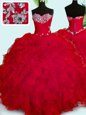 Adorable Organza Sweetheart Sleeveless Lace Up Beading and Ruffles Sweet 16 Dress in Red
