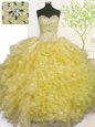 Customized Light Yellow Sleeveless Floor Length Beading and Ruffles and Pick Ups Lace Up Sweet 16 Dresses