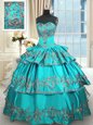 Most Popular Sweetheart Sleeveless Quinceanera Gown Floor Length Embroidery and Ruffled Layers Aqua Blue Taffeta