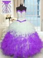 Hot Selling White And Purple Organza Lace Up Sweet 16 Quinceanera Dress Sleeveless Floor Length Beading and Ruffles