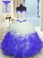 Inexpensive Sleeveless Organza Floor Length Lace Up Ball Gown Prom Dress in Blue And White for with Beading and Ruffles